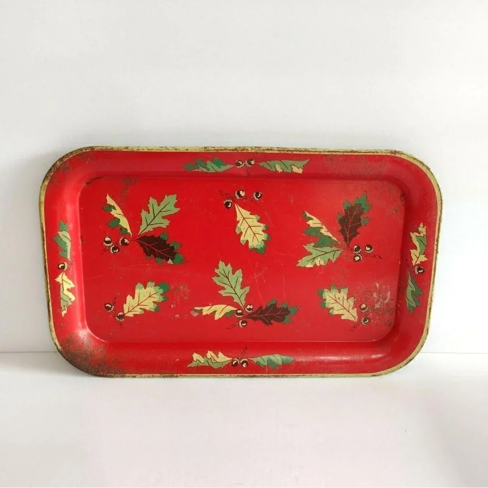 Vintage Acorn Oak Leaves Rustic Tin Serving Trays Red Green Wall Hanging Decor
